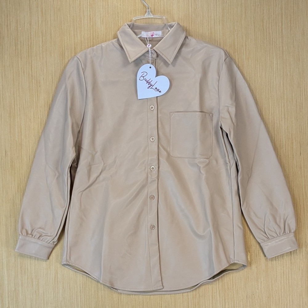 BuddyLove Brielle Vegan Leather Oversized Boyfriend Fit Shacket Size M Tan NWT